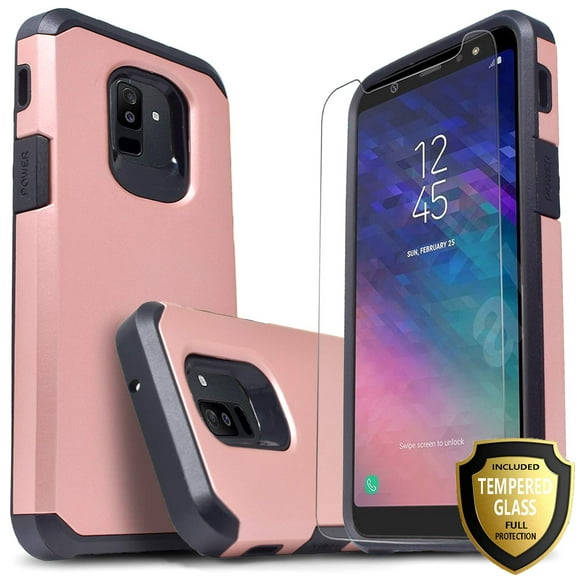 Galaxy A6 Case, With [Tempered Glass Screen Protector], Heavy Duty Drop Protection Impact Advanced Rugged Protective Slim Fit Phone Cover-Rose Gold