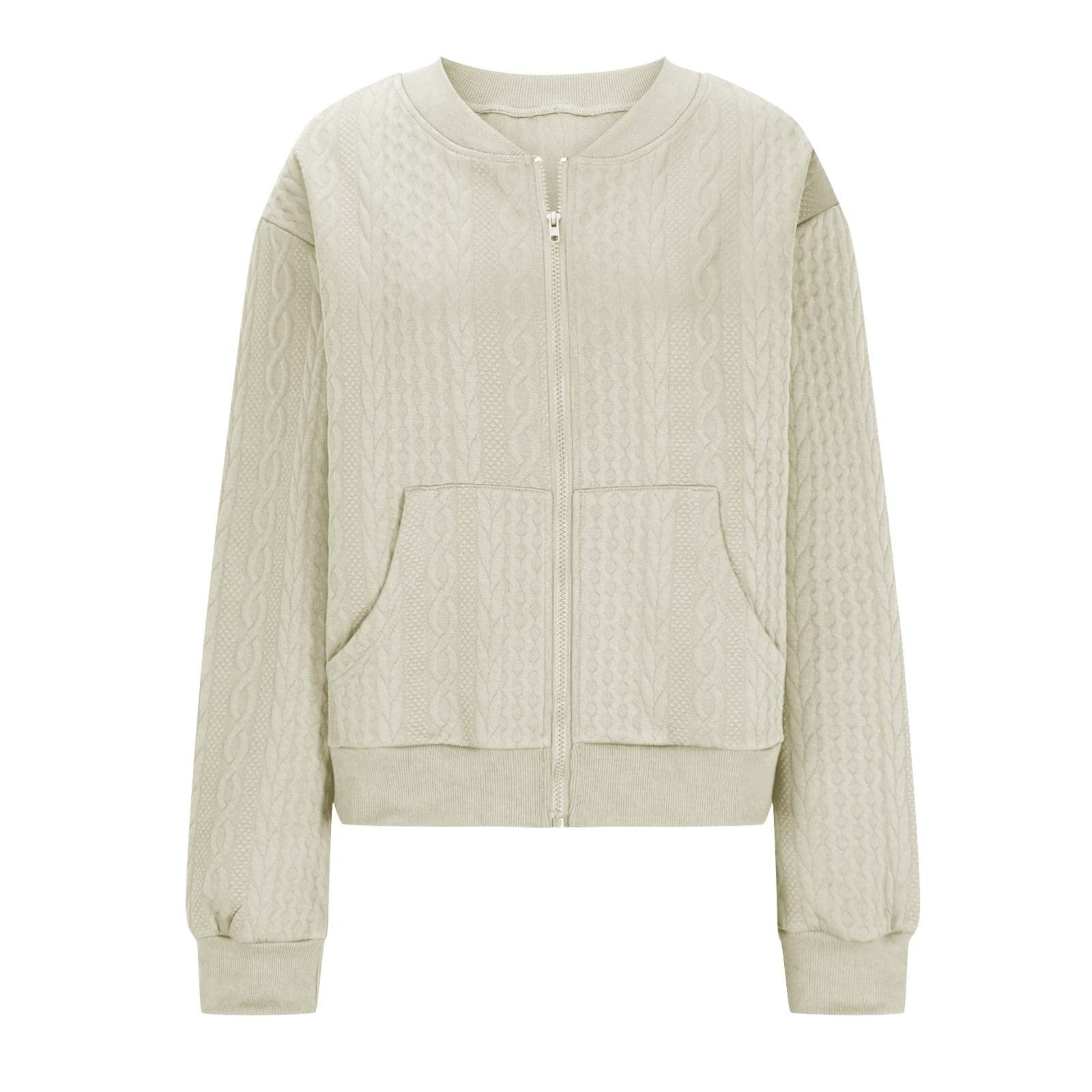 Fartey Women's Zip Up Cardigan Sweater Knit Cable Long Sleeve Jackets Soft Comfy Crewneck Casual Cardigans Fashion Simple Solid Color Coat Beige S
