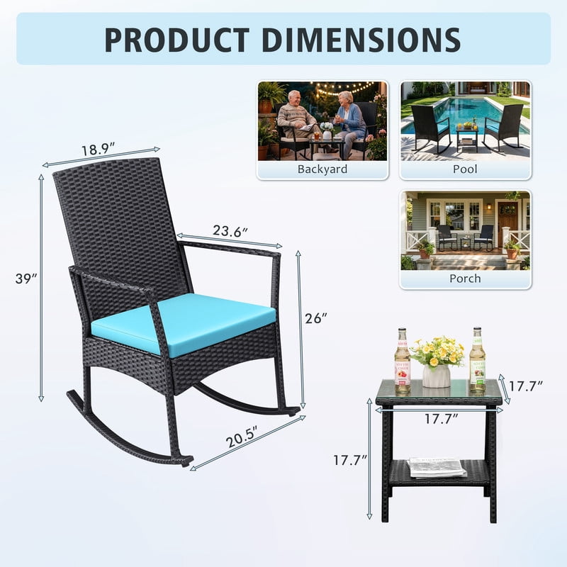 Devoko 3 Pieces Patio Rattan Rocking Chair Set with Cushion and Table Outdoor Porch and Garden Furniture Set, Blue