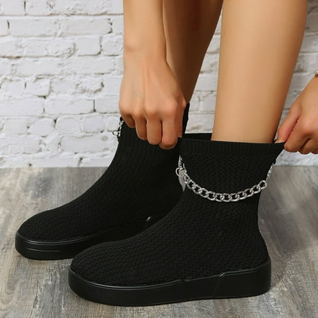 

ERTUTUYI Ladies Fashion Solid Color Breathable Mesh Chain Decorative Flat Casual Short Boots Black 37