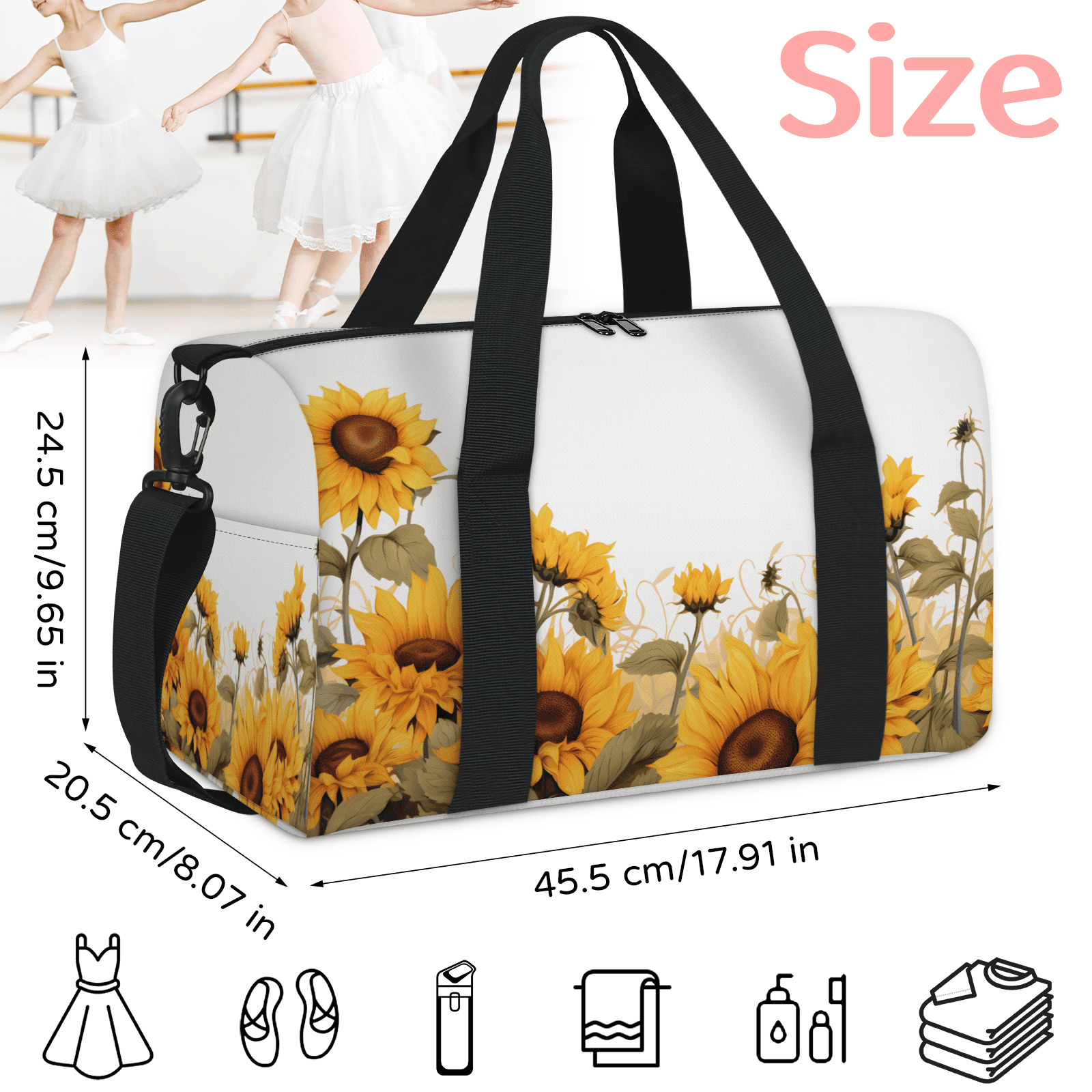 Herdesigns Sunflwer Summer Gym Bag for Women, Duffle Bag for Travel Sport, Lightweight Waterproof Carry on Weekender Overnight Dance Yoga Workout Bags