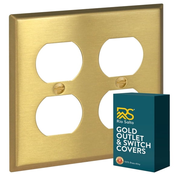 Rio Salto BRASS Metal Gold Double Duplex Receptacle Metal Wall Plate Light Switch Cover Wall Plate Dual Duplex Receptacle Wallplate Covers Double Gang Brushed Brass 2 Gang STANDARD SIZE