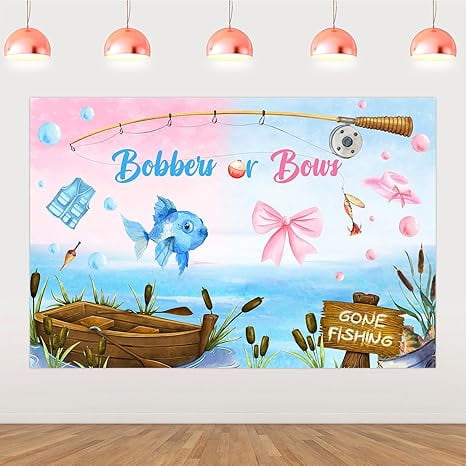 Bobbers or Bows Gender Reveal Decorations Fishing and Bow Backdrop Pink and Blue Gone Fishing Backdrop He or She Background Banner for Boy or Girl Gender Reveal Party Baby Shower Supplies 5x3ft