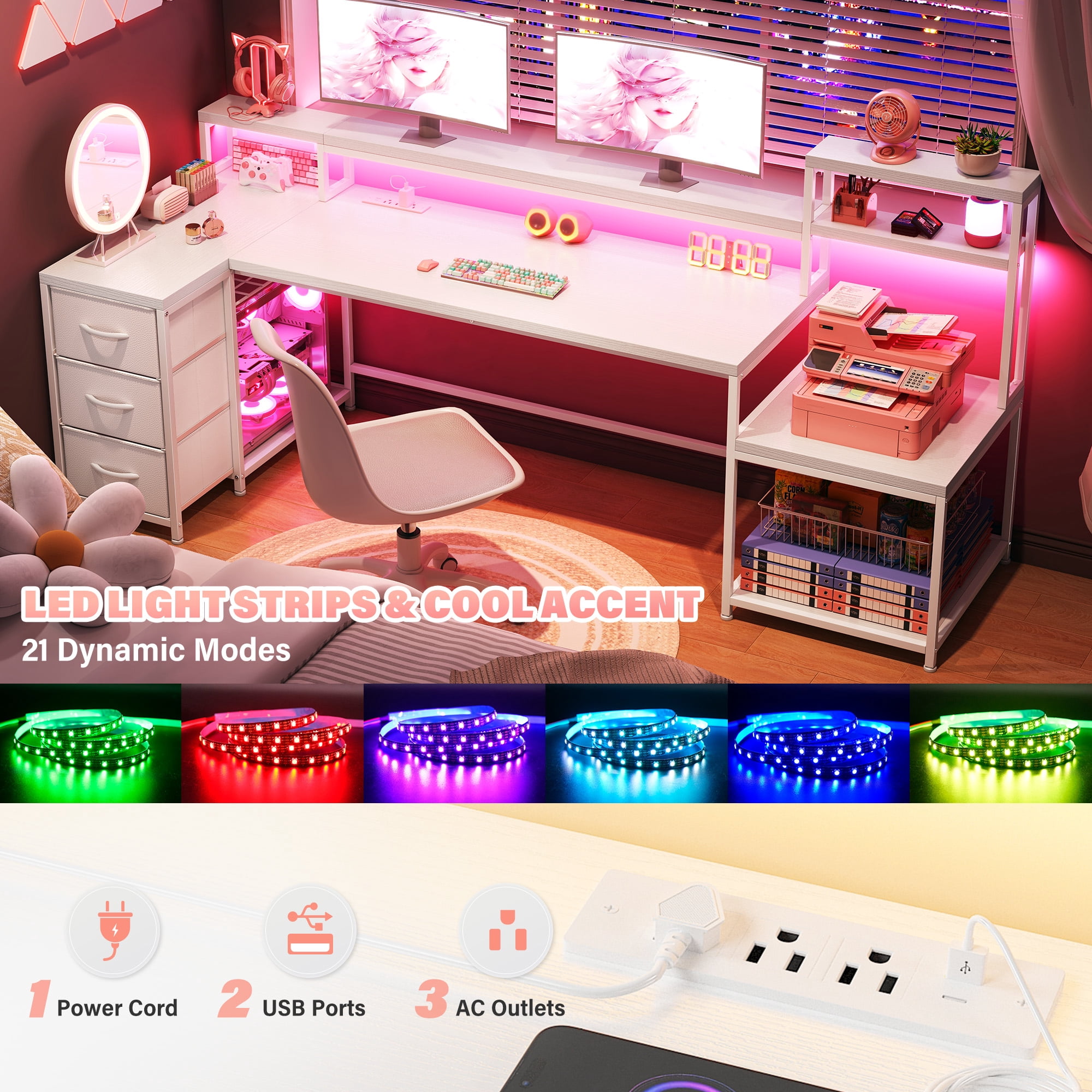 EnHomee 70.9" L Shaped Gaming Desk with Power Outlet & LED Lights, Computer Desk with Storage Shelves and Monitor Stand, White