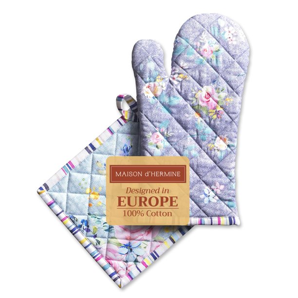 Maison d' Hermine Juego de manoplas para horno y ollas 100% algodón (7.5 x 13 pulgadas y 8 x 8 pulgadas) resistentes al calor, guantes de cocina para barbacoa con lazo, parrilla, cocina, manejo de sar