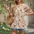 thumbnail image 2 of Blusa casual color caqui con mangas cortas y cuello redondo para mujer, talla L Camisa con volantes florales, 2 of 6