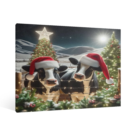 Vintage Christmas Highland cow Wall Art Paint Framed - Retro Xmas Festive Winter Holiday Christmas Wall Decor Canvas Print for Living Room Kitchen Bathroom Home Bedroom Decor