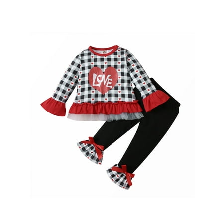 

Sunisery Kids Baby Girls Valentine s Day Clothes Set Plaid Letters Heart Printed Pullover Tops Flared Pants Black White 18-24 Months