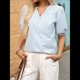 thumbnail image 4 of Blusa de Rayas con Mangas Abullonadas para Mujer, Cuello en V, Corte Holgado, Informal, para Verano, para el Trabajo, Camisa A Rayas Azul S, 4 of 9