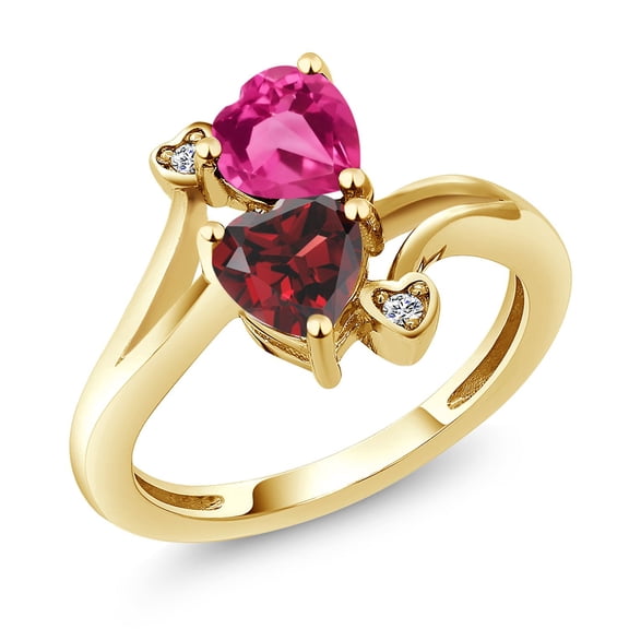 Gem Stone King 18K Yellow Gold Plated Silver Pink Created Sapphire Red Garnet and White Lab Grown Diamond Ring for Women (1.83 Cttw, Heart Shape 6MM, Gemstone September Birthstone, Size 5)