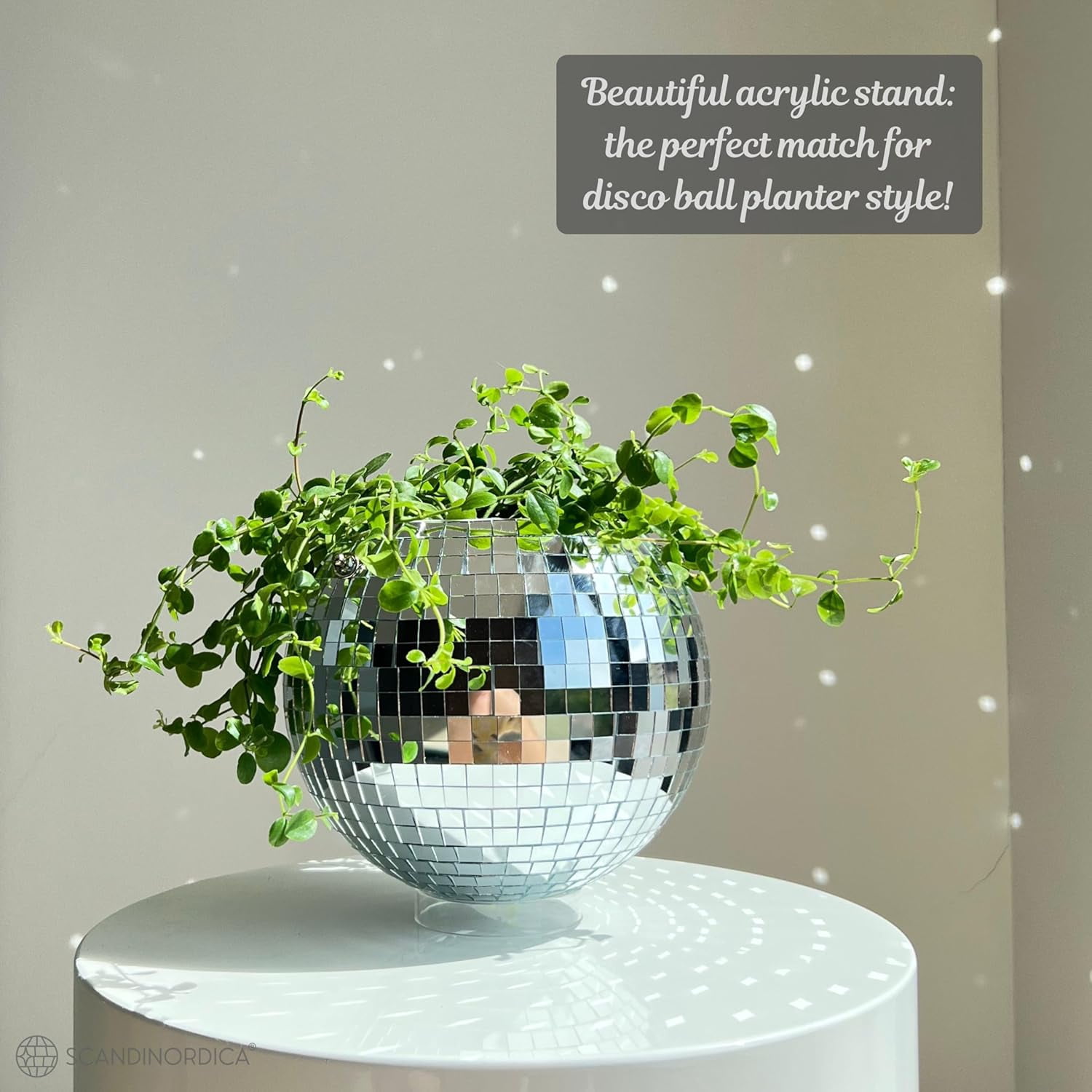 Disco Ball Planter – Silver 8" Disco Planter with Chain and Macrame Hanger and Stand