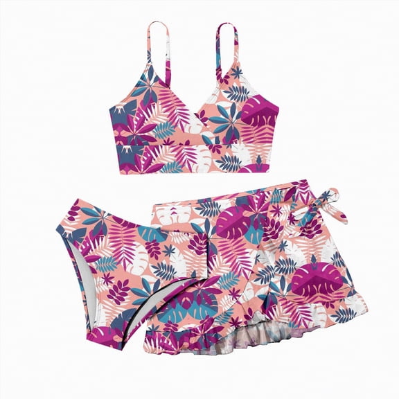 mgoYE Girl Swimsuit Size 14-16 Girls Swimsuit 3 Piece Bathing Suits Bikini Tankini Set Beach Swimwear with Cover Ups Skirt(Purple,8-9 Years)