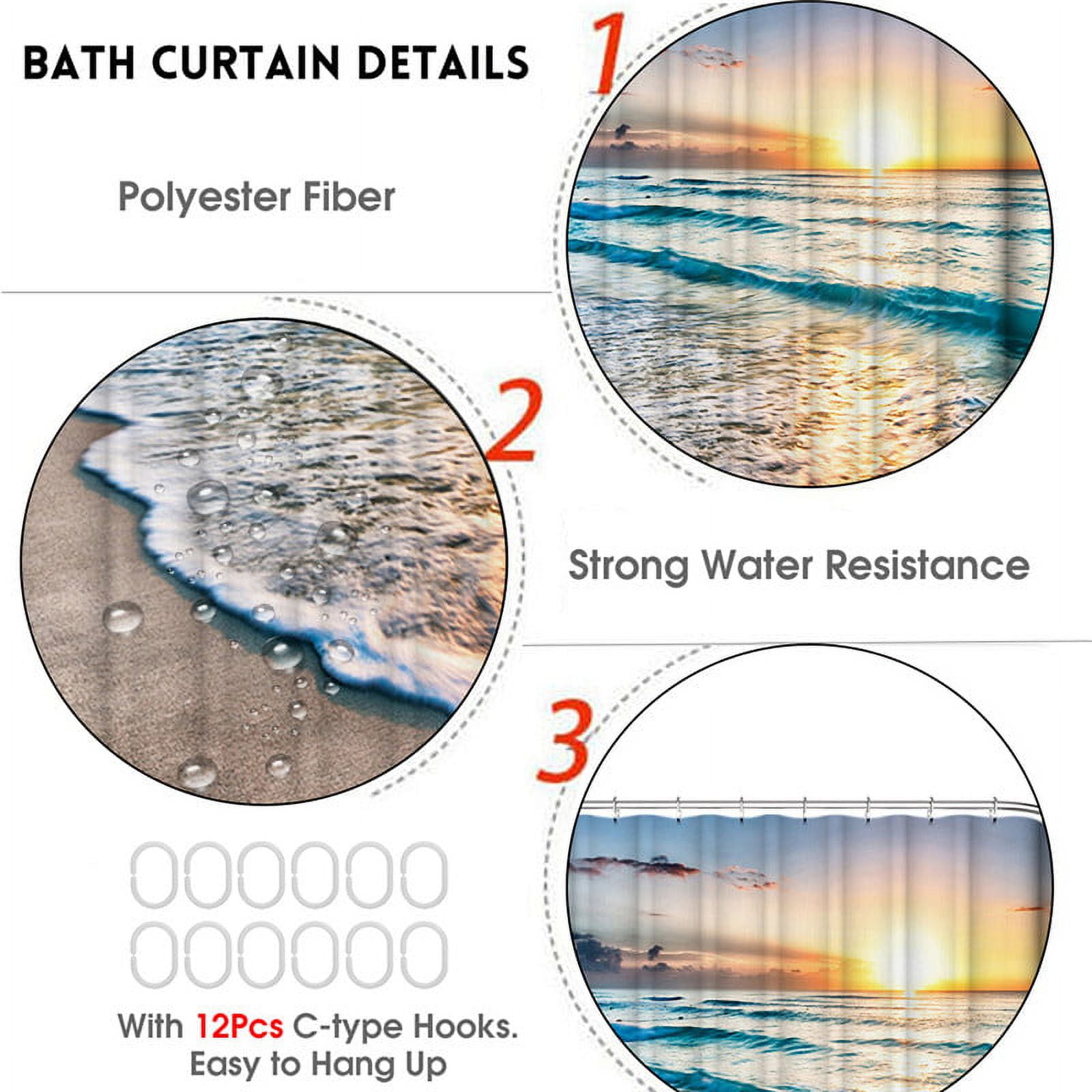 BSHAPPLUS Shower Curtain Set Sunset Beach Bathroom Sets with Shower Curtain and Rugs Waterproof Shower Curtain 12 Hooks for Bathroom 70.9 x 70.9 inches