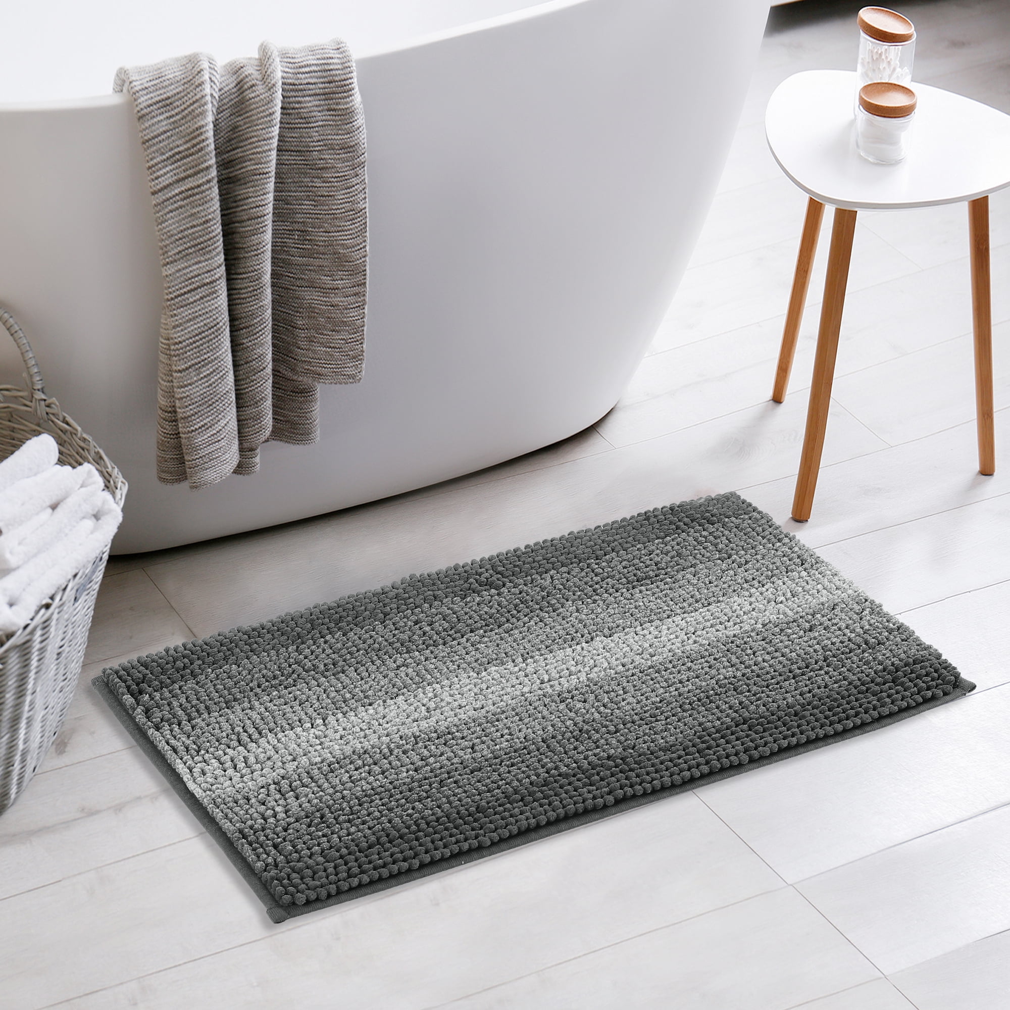 REGALWOVEN Contrasting Color Striped Bathroom Rugs, Non-Slip Plush Shaggy Bath Carpet, Bath Mats for Bathroom Floor, Tub and Shower Black 16" x 24"
