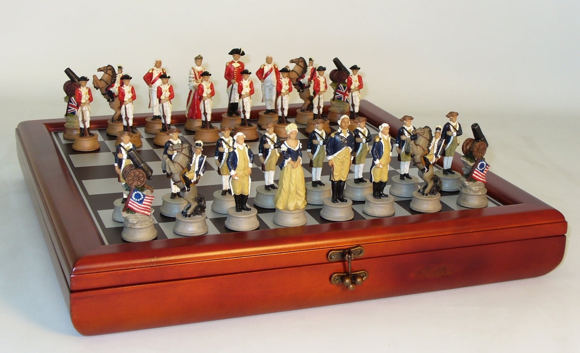 American Revolution War Resin Chess Set in Cherry Stained Chest