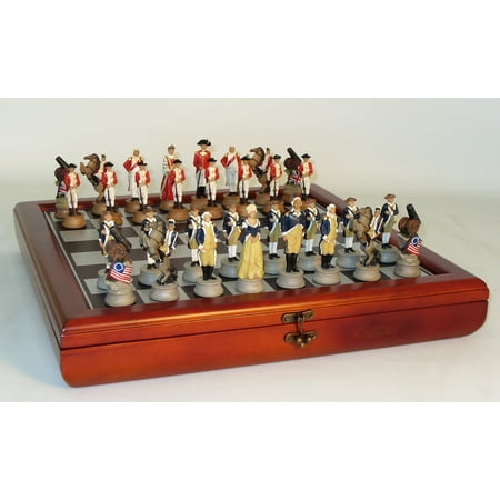 American Revolution War Resin Chess Set in Cherry Stained Chest