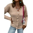thumbnail image 5 of hirigin Women Crochet Cardigan, Solid Color Long Sleeve V-neck Button-down Flouncy Sweater, Khaki/ White/ Green, 5 of 9