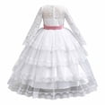 thumbnail image 3 of ZHOGXU Kids Elegant Girls Princess Dress Lightweight Mesh Layered Gown With Long Sleeve Soft Satin Bow Belt Special Occasions, 3 of 9