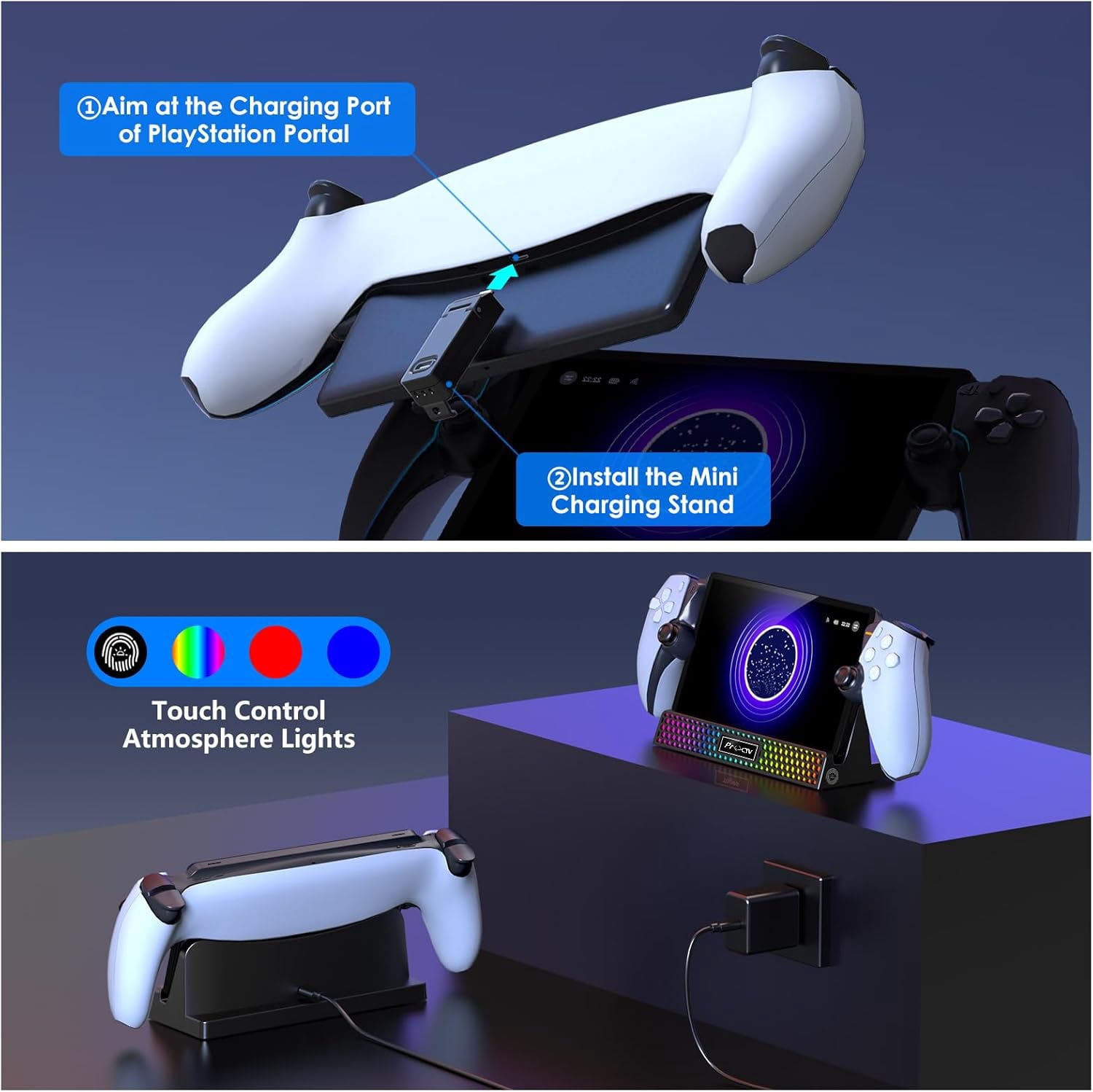 Charging Dock for PlayStation Portal, 3 in 1 Charging Stand for PS5 Portal with 14 RGB Light and 4.9ft USB C Charging Cable, Portable Charger Accessories for PlayStation Portal Remote Player(Black)