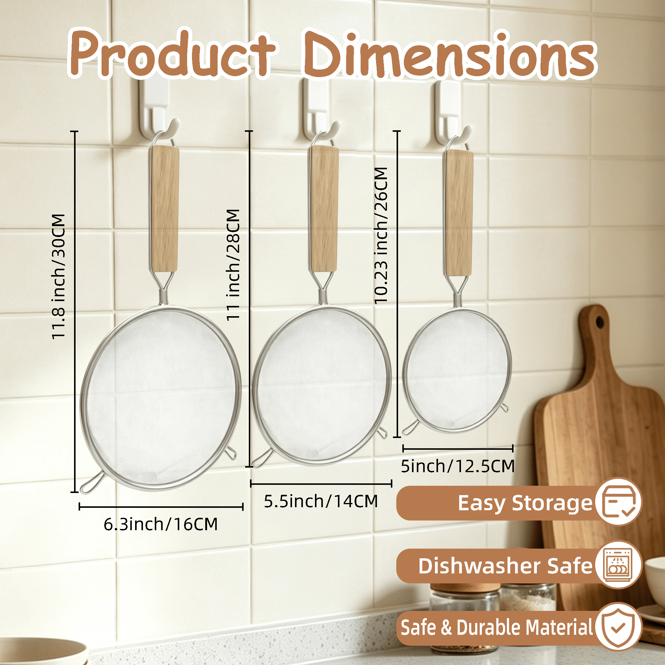 3 Pack Fine Mesh Strainer Set, Stainless Steel Kitchen Sieve Colander with Wooden Handle & Double Non‑Slip Hooks, 5/5.5/6.3 Inch Metal Sifters for Baking, Flour, Tea, Fruits, Frying Food