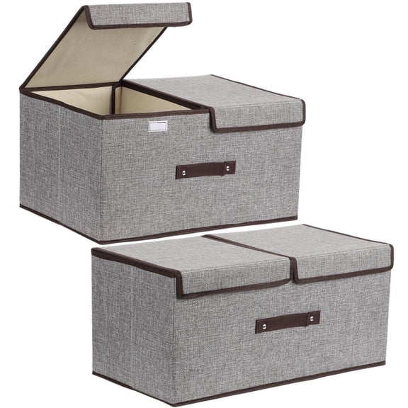 2pcs Large Collapsible Storage Bins 20 inches with Lids and Compartments, Foldable Linen Fabric Organizing Containers for Clothes, Cube Organizers for Home Closet Storage