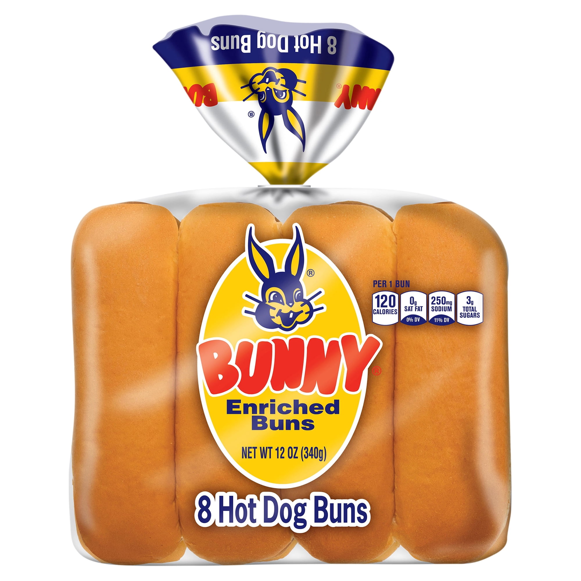 Bunny Bread Hot Dog Buns, Enriched Sliced White Bread Hot Dog Buns, 8 Count, 12 Ounce, Shelf-Stable
