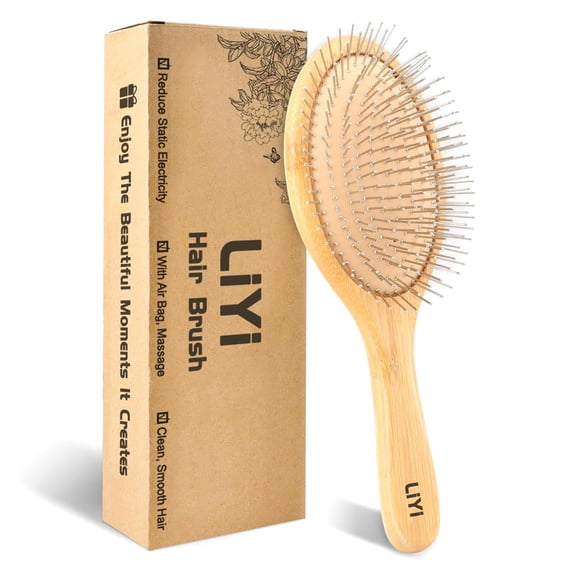 Bamboo Hair Brush with Stainless Steel Bristles for Hair Growth - Massaging Scalp Detangling Hairbrush for Women, Men & Kids - Wooden Paddle Hairbrush for All Hair Types