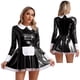 thumbnail image 3 of Uniforme de sirvienta traviesa para mujer, ropa para discoteca, vestido de Cosplay de sirvienta de charol brillante, adornos con volantes, delantal con lazo, vestido acampanado con mangas abullonadas, 3 of 5