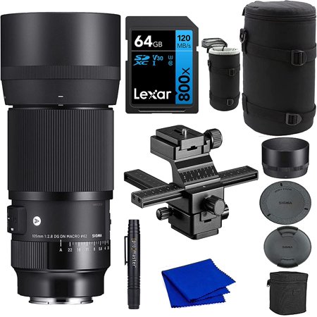 Sigma 105mm F/2.8 DG DN Macro Art Lens for Sony E(260965) Bundle with MR1 Macro Focusing Rail with Quick Release | LEXAR 64GB SD Card| Holster Sling Bag |Cleaning Kit |Cleaning Lens Pen