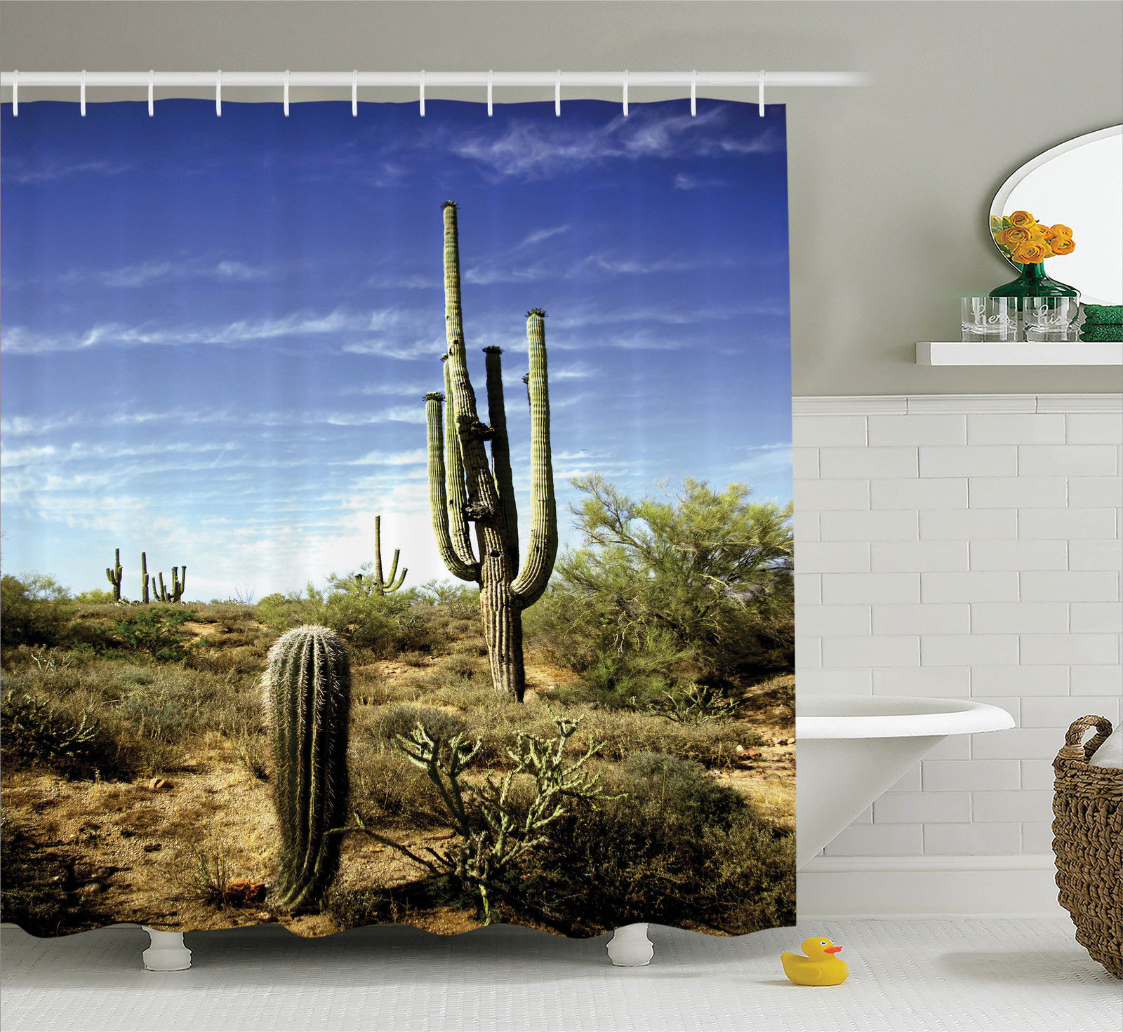 Saguaro Cactus Decor Shower Curtain Set, Tall Saguaro Cactus With