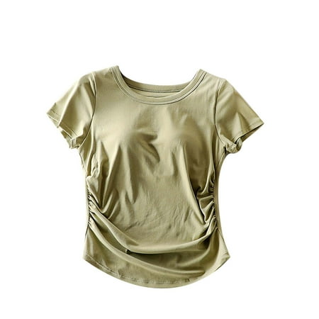 JUUYY Women s Slim Fit Short Sleeve Tshirt 2 in 1 Built-in Bra Ladies Padded Shirt Top Casual Summer Tops Green XL