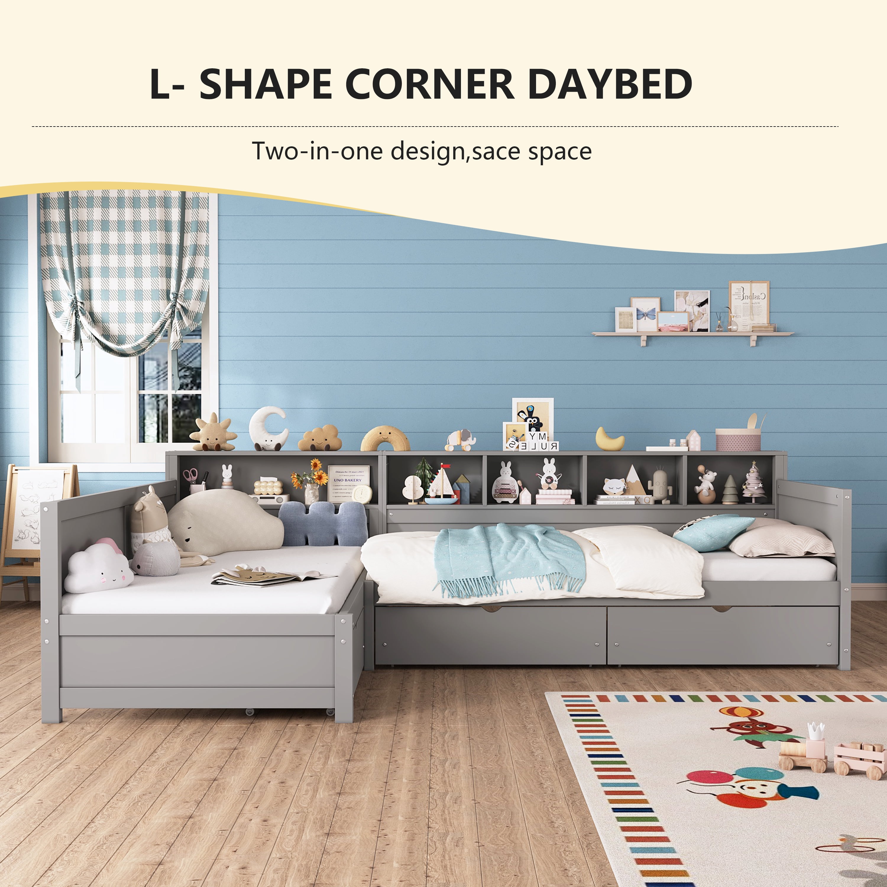 Euroco Wood Twin Size L Shaped Platform Bed with Drawers, Captain Bed with Shelves and Cabinets, 2 Beds in One, Grey