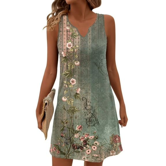 Women's V-Neck Retro Floral Print Sleeveless Sundress Casual Summer Dress with Smocked Back and Tiered Skirt for Picnics,Army Green L
