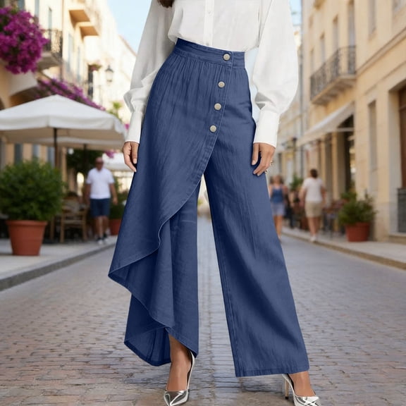 Flowy Pants for Women Button Up High Waisted 2026 Summer Loose Ankle Work Trousers with Pockets