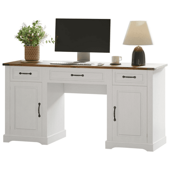 60" Farmhouse Executive Desk Computer Desks with Drawers and Cabinet Wood Workstation Computer Desks for Study and Home Office