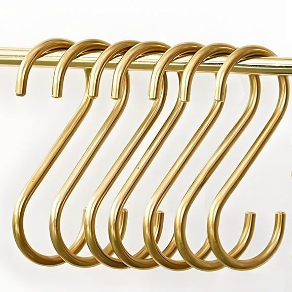 Solid Copper Brass S Hooks for Pan Pots Holder Rack Hangers,  Gold Brass S-Shaped Hooks for Coffee Mugs Kitchenware Utensils Rail,  7 PCS Hold Hooks Rack for Hanging Jeans Clothes Bags Towels Plants