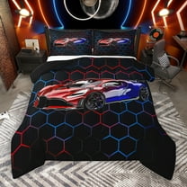 Manfei Racing Car Bedding Comforter Set,Modern Geometric Hockeycomb Twin Comforter Sets,Red Blue Black Bedding Set For Boys Kids,Ultra Soft Home Decor Reversible,2pcs