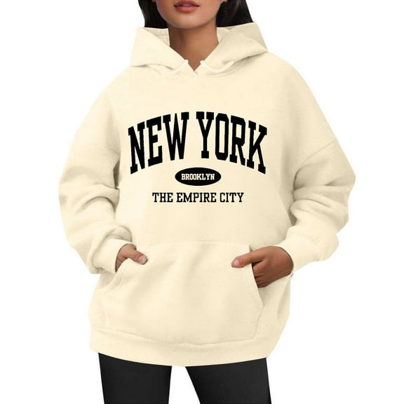 Bibifish Hoodies For Women New York City Letter Print Hoodies Long Sleeve Drawstring Hoodies Oversized Fleece Pockets Tops