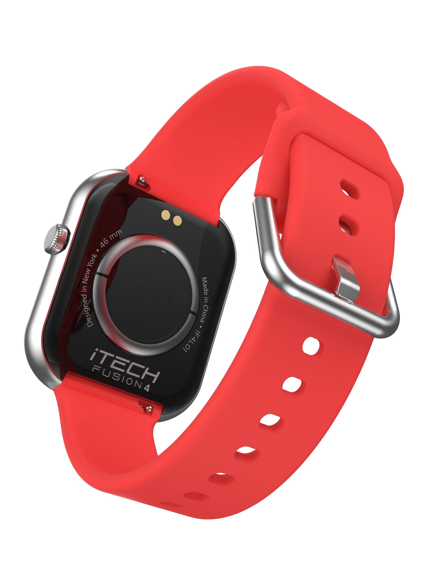 iTech Fusion 4 Unisex Adult Rectangular Smart Watch, Silver, Red Silicone Strap