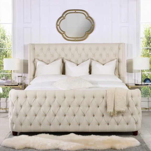 Brooklyn King Tufted Panel Bed Headboard and Footboard Set in Light Beige Linen - Spacious for Pillows & Compatible with Adjustables