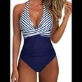 thumbnail image 2 of Trajes de Baño de una Pieza con Control de Abdomen para Mujer, Trajes de Baño Push Up con Cuello Halter Azul y Rayas S, 2 of 8