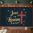thumbnail image 3 of Red Plaid Jesus Banner Cross Pattern Christian Display Gold Lettering Snowflake Decor Religious Backdrop for Christmas Celebration Church Event Religious Gathering, 3 of 9