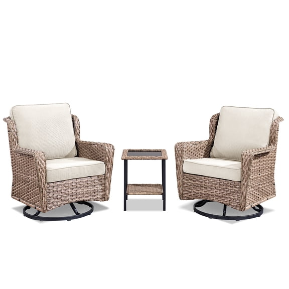 3-Piece Outdoor Wicker Patio Conversation Set, 2 Cushioned Armchairs with Side Table, All-Weather Rattan Furniture for Backyard, Porch, Balcony, Beige