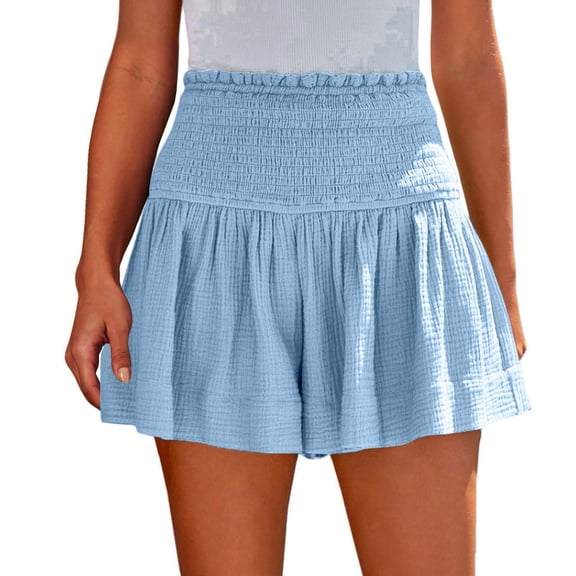 Linen Skorts for Women Smocked Elastic High Waisted Ruffle Skorts Wide Leg Boho Skirts, XL