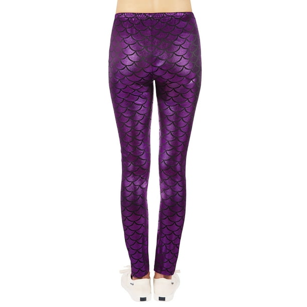 HDE Girl's Shiny Fish Scale Mermaid Leggings Metallic Costume Tights  (4T-12) (Purple, Large)