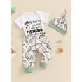thumbnail image 3 of Nygoyerh Baby Boys Summer 3Pcs Outfits Short Sleeve Letter Print Romper + Pattern Print Pants + Hat 3M 6M 12M 18M Newborn Infant Cute Long Pants Sets for Casual Daily, 3 of 9