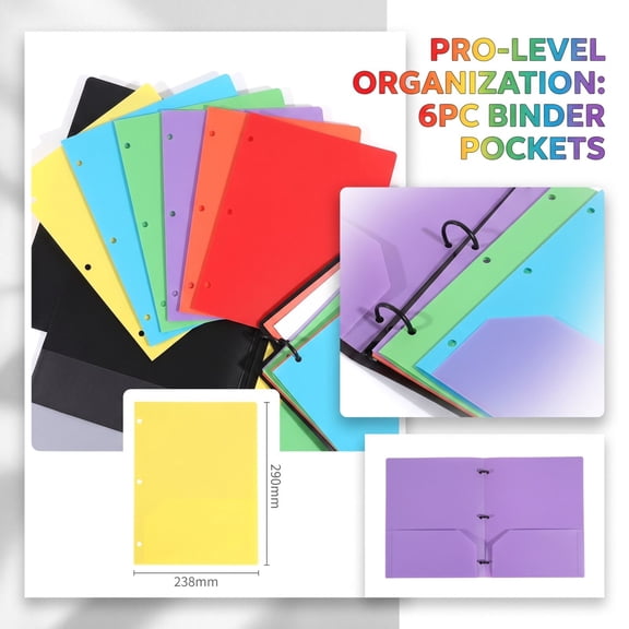 6Pcs Heavy Duty Plastic 2 Pocket Folders with 3 Hole Punch, Letter SizeFile Folders for 3 Ring Binder Document Storage, Assorted Color