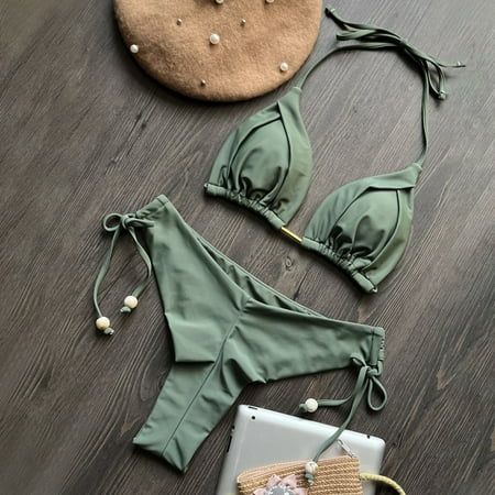 1 Set Sexy Women Bikini Set Solid Color Halter Bra High Waist Lace-up Briefs Set Push Up Swimsuit Quick Drying Beach Wear