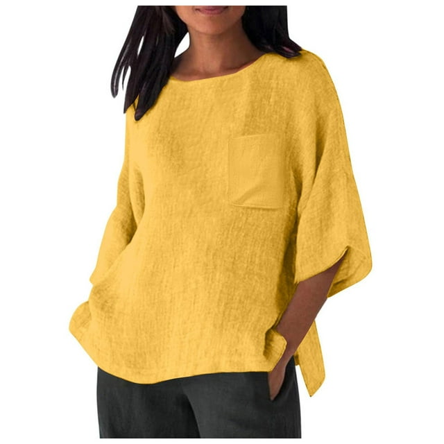 Hauts de Printemps pour Femmes Élégants avec Manches 3/4 et Col Rond en T-Shirts Unis Confortables pour Femmes Jaune TTG