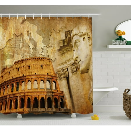 - Retro Shower Curtain, Roman Empire Concept Famous Columns Sculptress Colosseum Map of the Nation Print, Fabric Bathroom Set with Hooks, Orange Brown, by Ambesonne